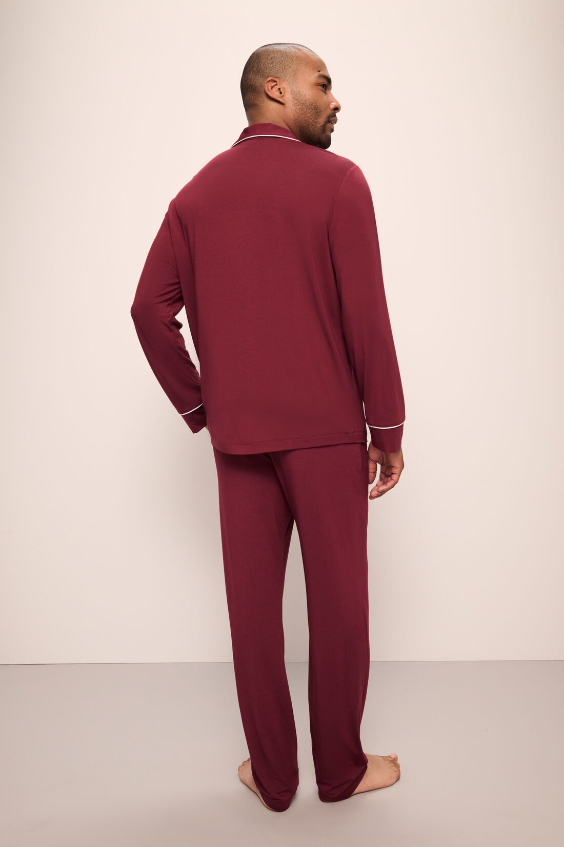 Model wears William TENCELâ„¢ Modal Long PJ Set in Cabernet/Ivory.