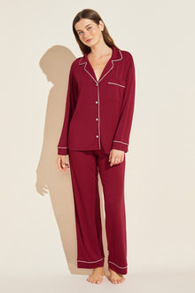 Model wears Gisele TENCEL™ Modal Long PJ Set in Sangria/Ivory.