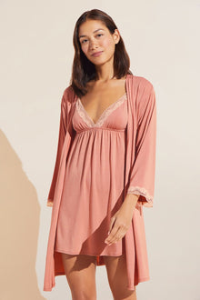 Model wears Flora TENCEL Modal Chemise in Pink Rouge/Rose.