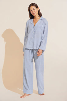 Model wears Nautico Long PJ Set in blue/white stripe.