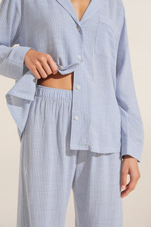 Model wears Nautico Long PJ Set in blue/white stripe.