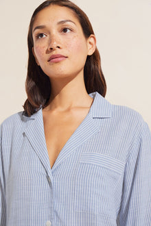 Model wears Nautico Long PJ Set in blue/white stripe.