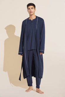 Model wears William TENCEL™ Modal Robe in true navy.