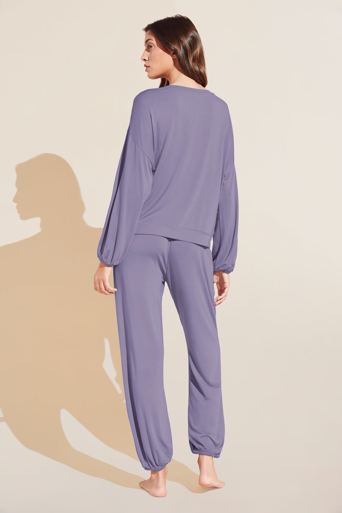 Model wears Gisele TENCEL™ Modal Effortless PJ Set in delphinium/ivory.