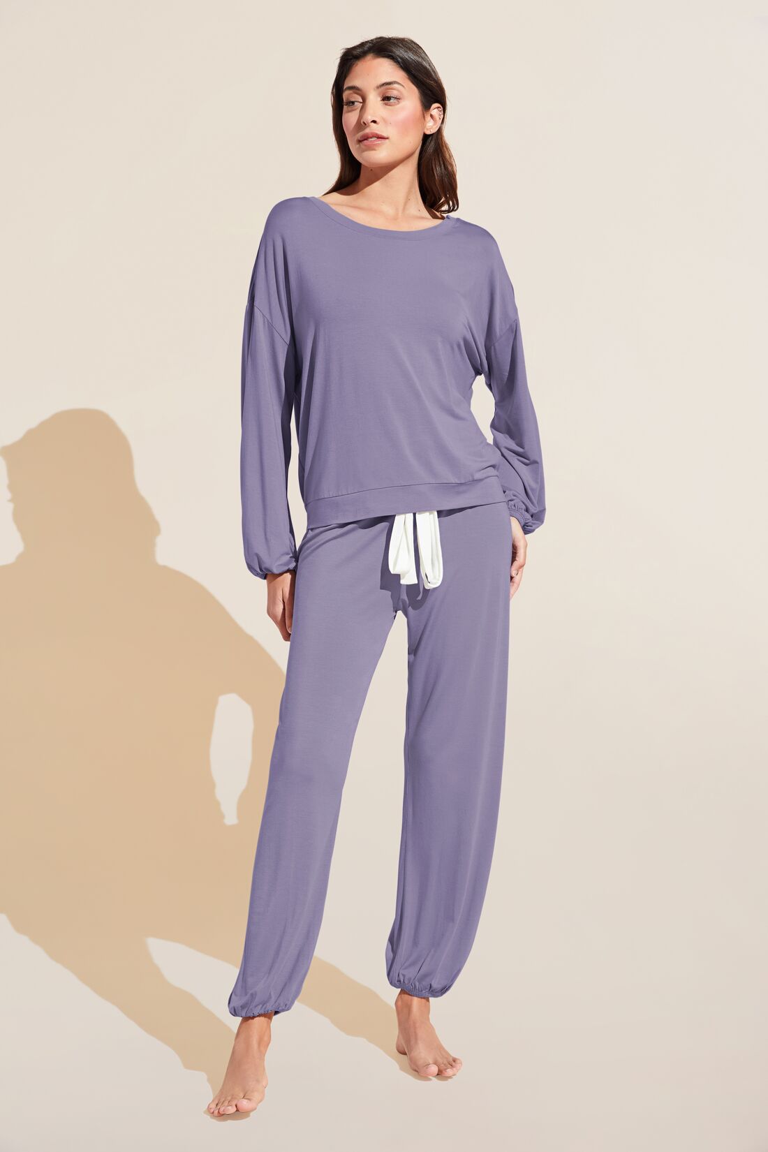 Model wears Gisele TENCEL™ Modal Effortless PJ Set in delphinium/ivory.