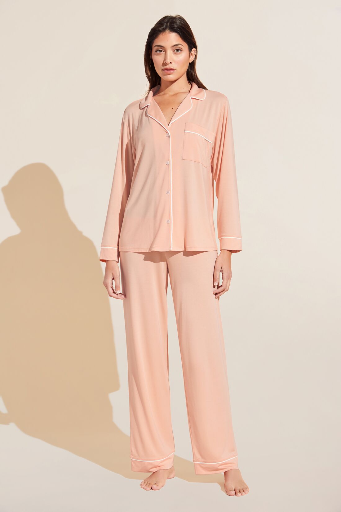 Model is Wearing the Gisele TENCEL™ Modal Long PJ Set in Peach Parfait/Ivory.