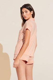 Model wears Model wears Gisele TENCEL™ Modal Shortie Short PJ Set in peach parfait/ivory.