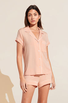 Model wears Model wears Gisele TENCEL™ Modal Shortie Short PJ Set in peach parfait/ivory.