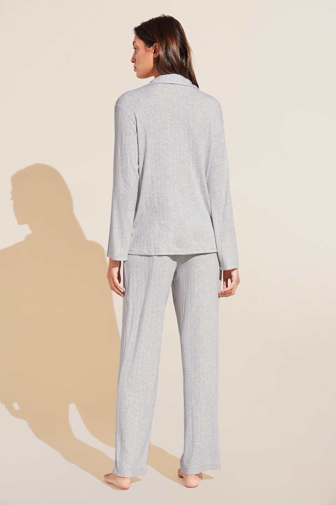 Model wears Gisele TENCEL™ Modal Rib Long PJ Set in light heather grey.