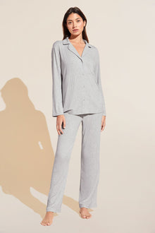 Model wears Gisele TENCEL™ Modal Rib Long PJ Set in light heather grey.