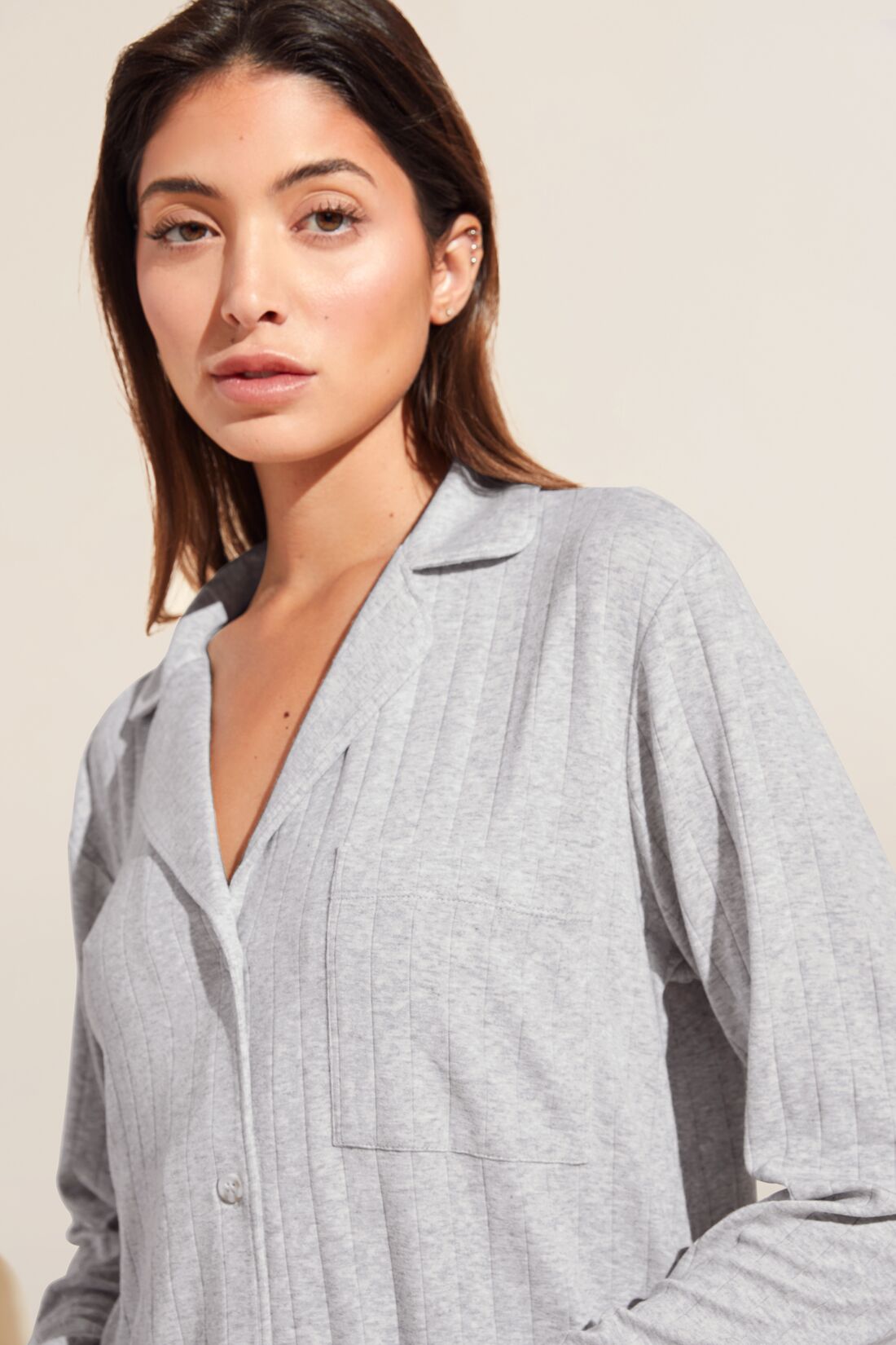 Model wears Gisele TENCEL™ Modal Rib Long PJ Set in light heather grey.