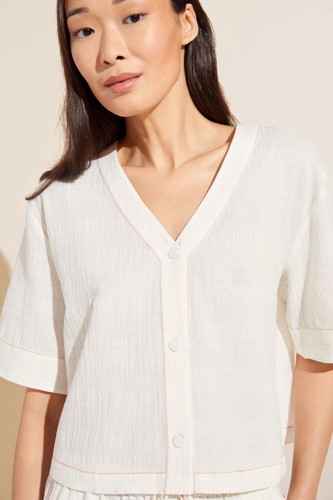 Crinkle Woven Short Sleeve Top & Short Set | Ivory/Canyon Sunset