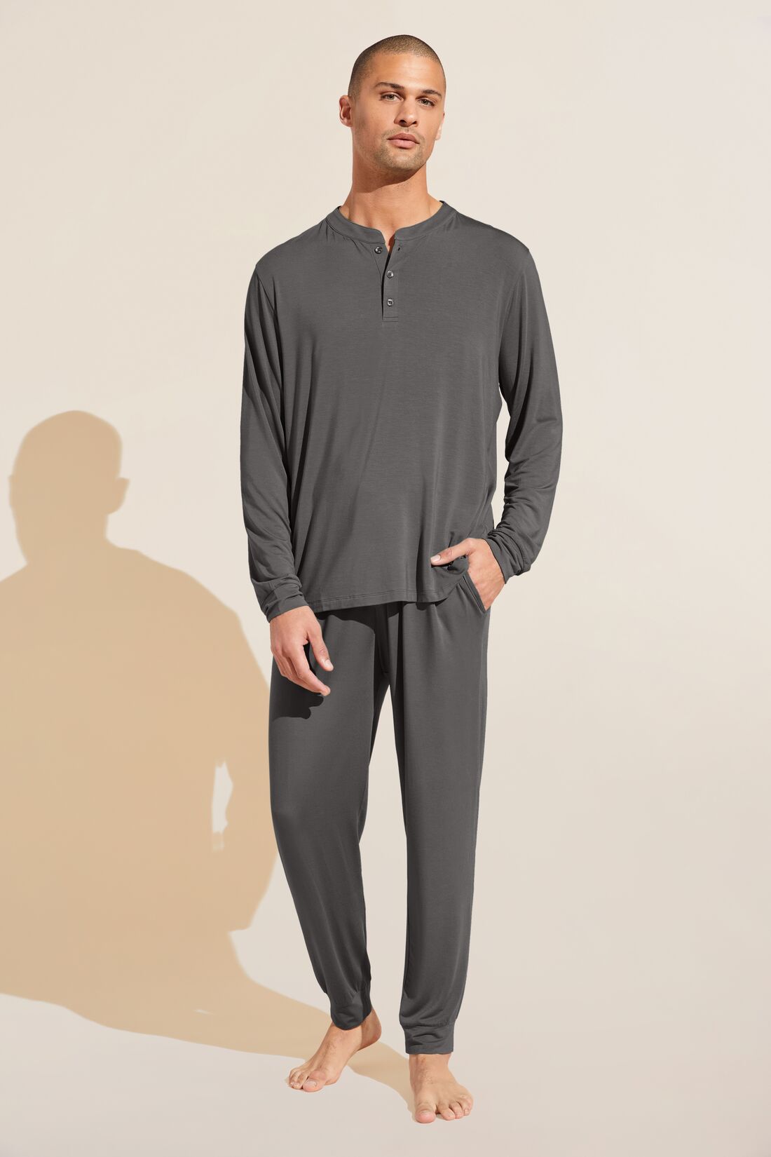 Model wears Henry TENCEL™ Modal Long PJ Set in storm grey.