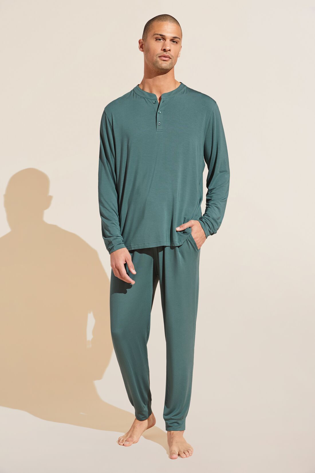 Model wears Henry TENCEL™ Modal Long PJ Set in agave.