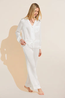 Model wears Inez Textured Washable Silk Long PJ Set in pearl.