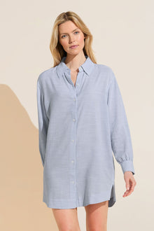 Model wears Nautico Sleepshirt in wedgewood stripe.