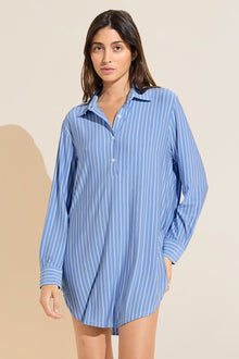 Model wears Gisele Printed TENCEL Modal Boyfriend Sleepshirt in Nordic Stripe Vista Blue.