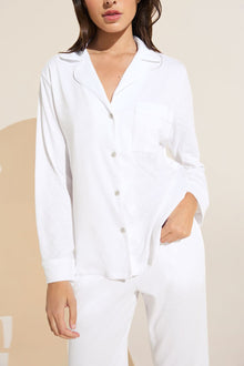 Model wears Organic Pima Cotton Notch Collar Top & Pant PJ Set in white.