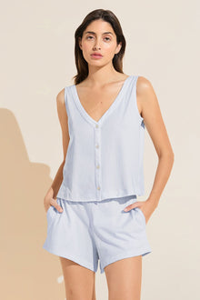 Model wears Organic Pima Cotton Tank & Short PJ Set in ice blue.