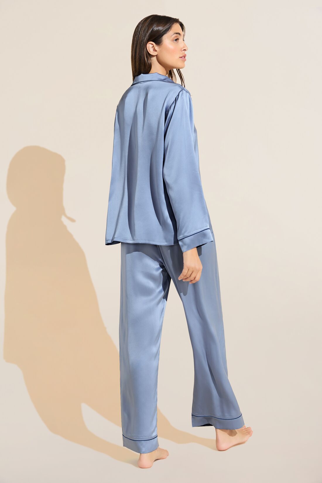 Inez Washable Silk Long PJ Set | Wedgewood Blue/Navy