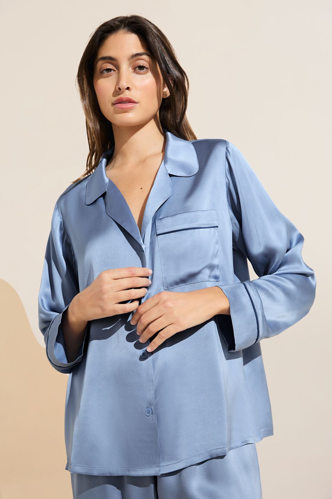 Inez Washable Silk Long PJ Set | Wedgewood Blue/Navy