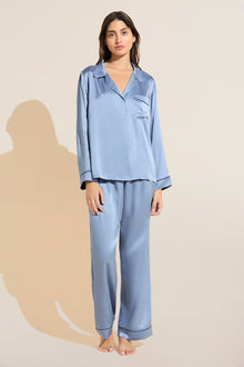 Inez Washable Silk Long PJ Set | Wedgewood Blue/Navy