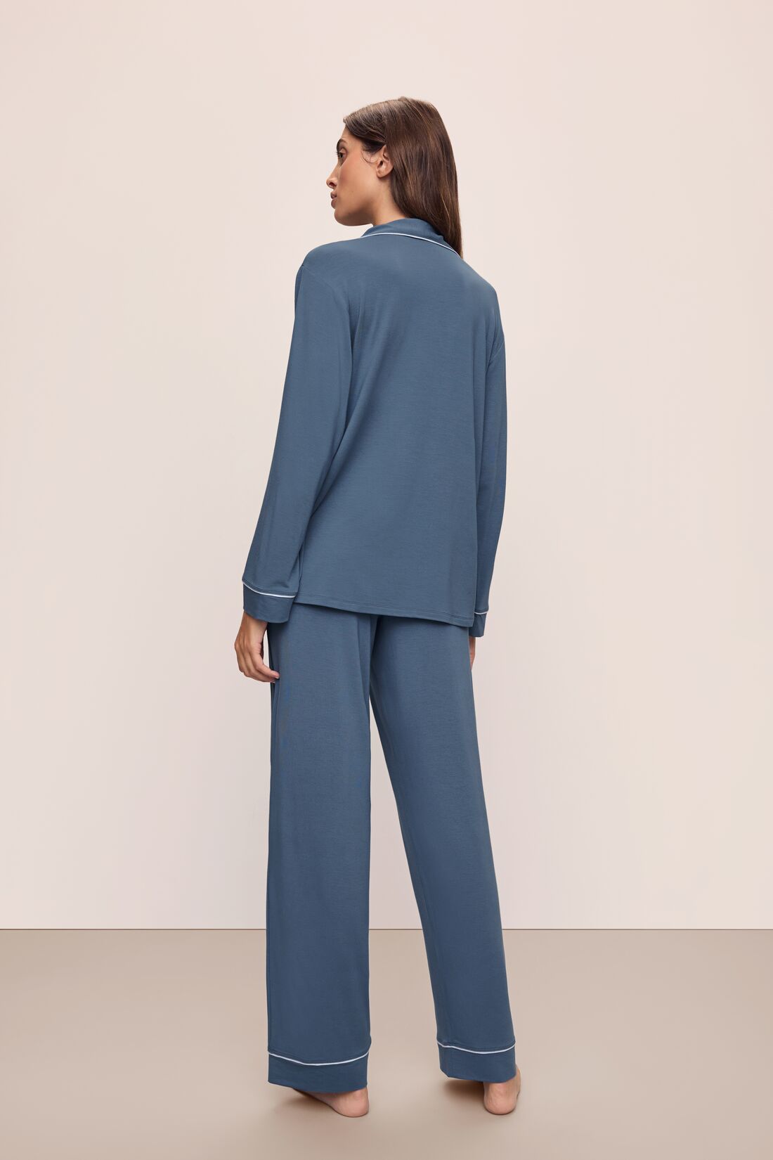 Model wears the Gisele TENCELâ„¢ Modal Long PJ Set in Coastal Blue/Ice Blue.