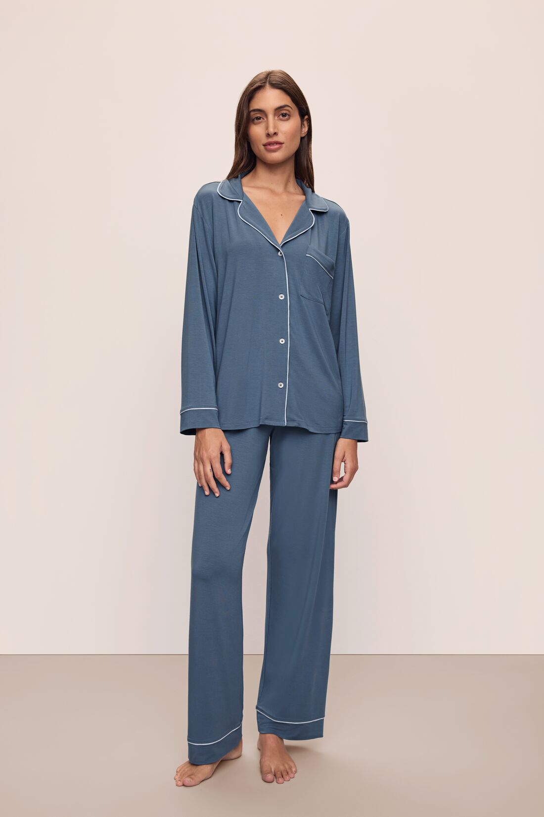 Model wears the Gisele TENCELâ„¢ Modal Long PJ Set in Coastal Blue/Ice Blue.