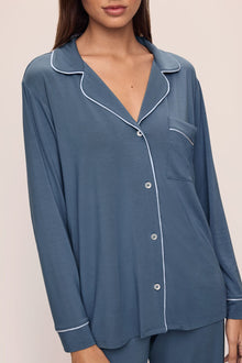 Model wears the Gisele TENCELâ„¢ Modal Long PJ Set in Coastal Blue/Ice Blue.