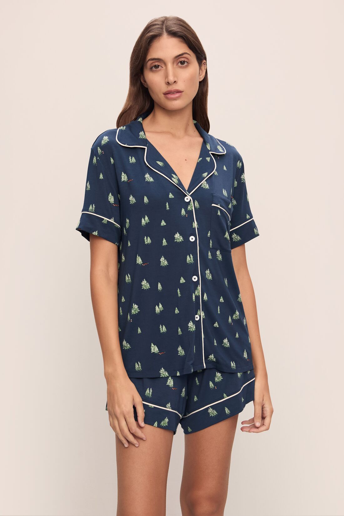Model wears Gisele Printed TENCELâ„¢ Modal Relaxed Short PJ Set in Woodland Pine Navy/Ivory.