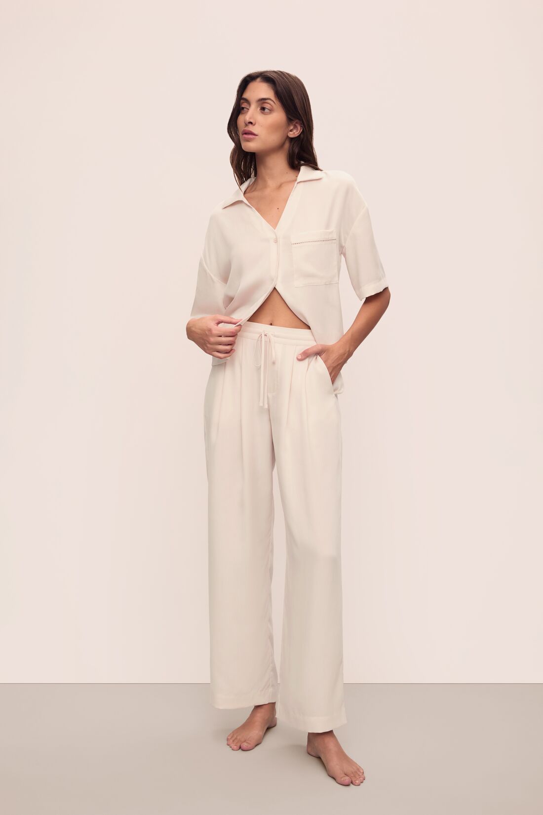 Tencel Woven Relaxed Button Front Top | Whitecap Grey