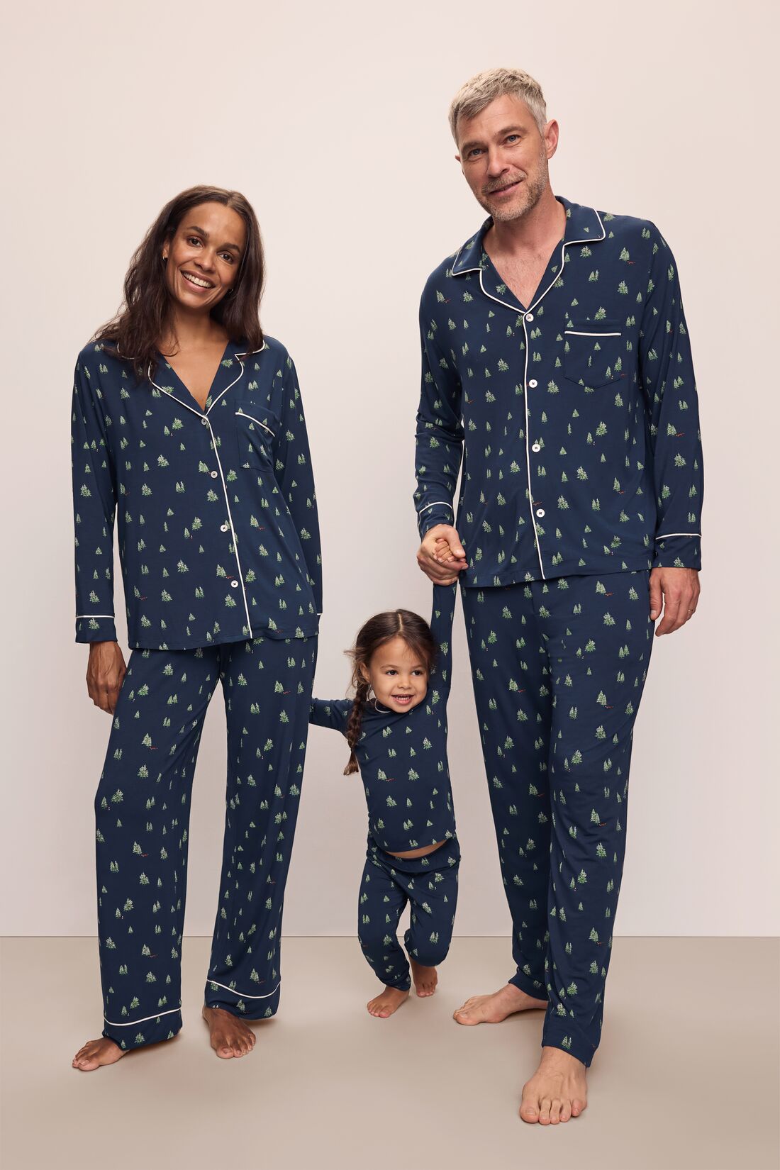 Model wears William Printed TENCELâ„¢ Modal Long PJ Set in Woodland Pine Navy/Ivory.