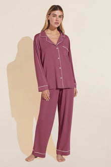 Model wears Gisele TENCELâ„¢ Modal Long PJ Set in Raspberry/Ivory.