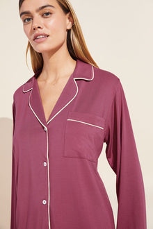 Model wears Gisele TENCELâ„¢ Modal Long PJ Set in Raspberry/Ivory.