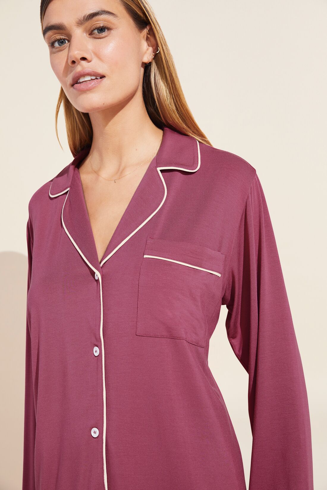 Model wears Gisele TENCELâ„¢ Modal Long PJ Set in Raspberry/Ivory.
