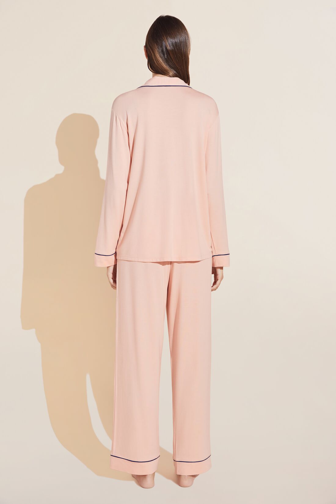 Model is Wearing the Gisele TENCEL™ Modal Long PJ Set in Rose cloud/navy.