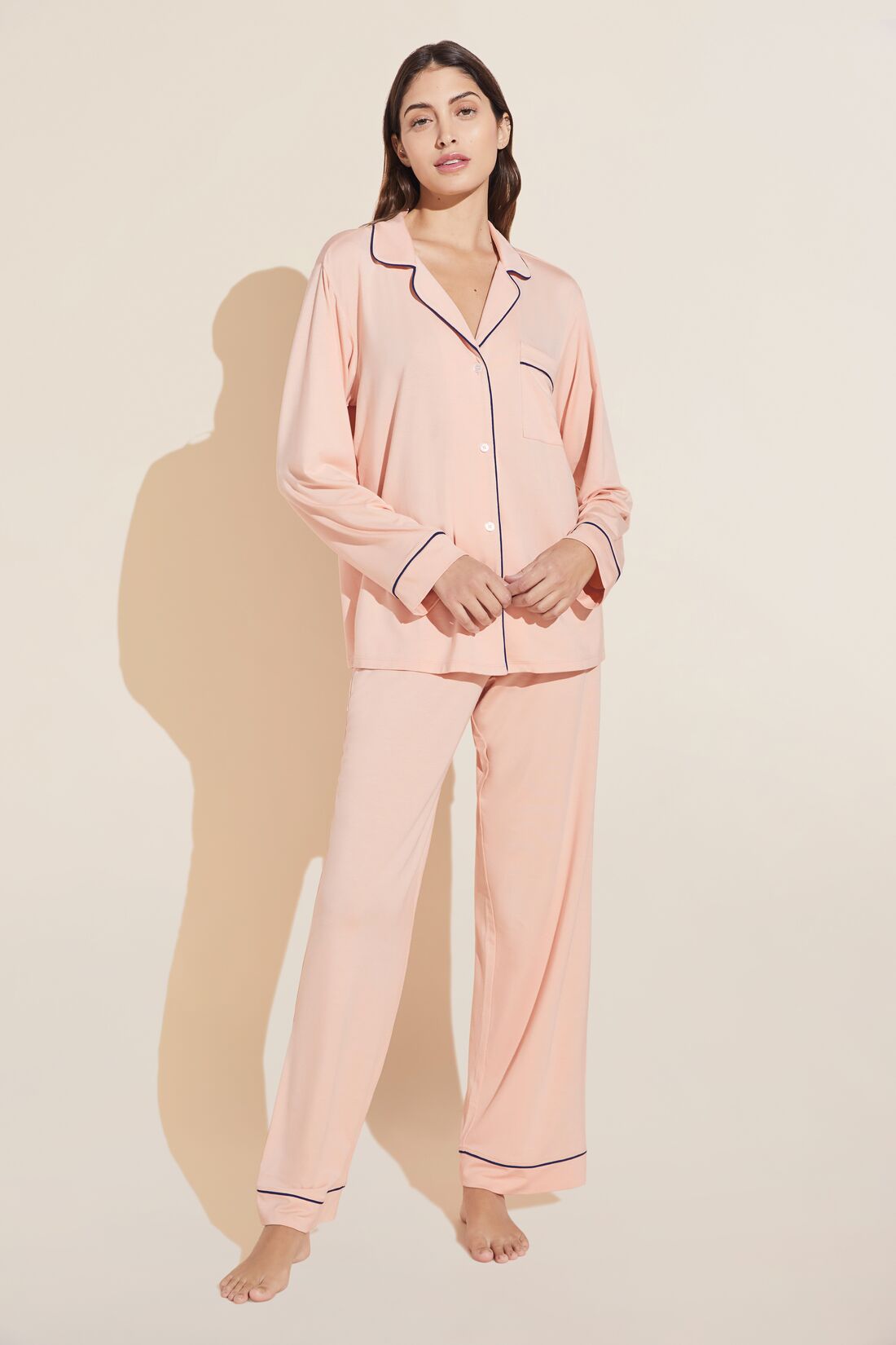 Model is Wearing the Gisele TENCEL™ Modal Long PJ Set in Rose cloud/navy.