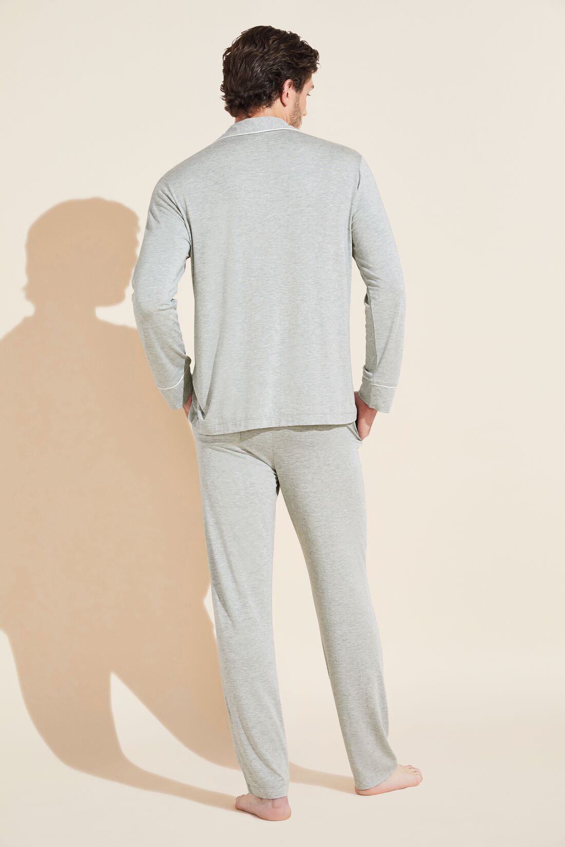 Model wears William TENCEL™ Modal Long PJ Set in heather grey/ivory.