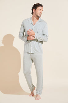 Model wears William TENCEL™ Modal Long PJ Set in heather grey/ivory.