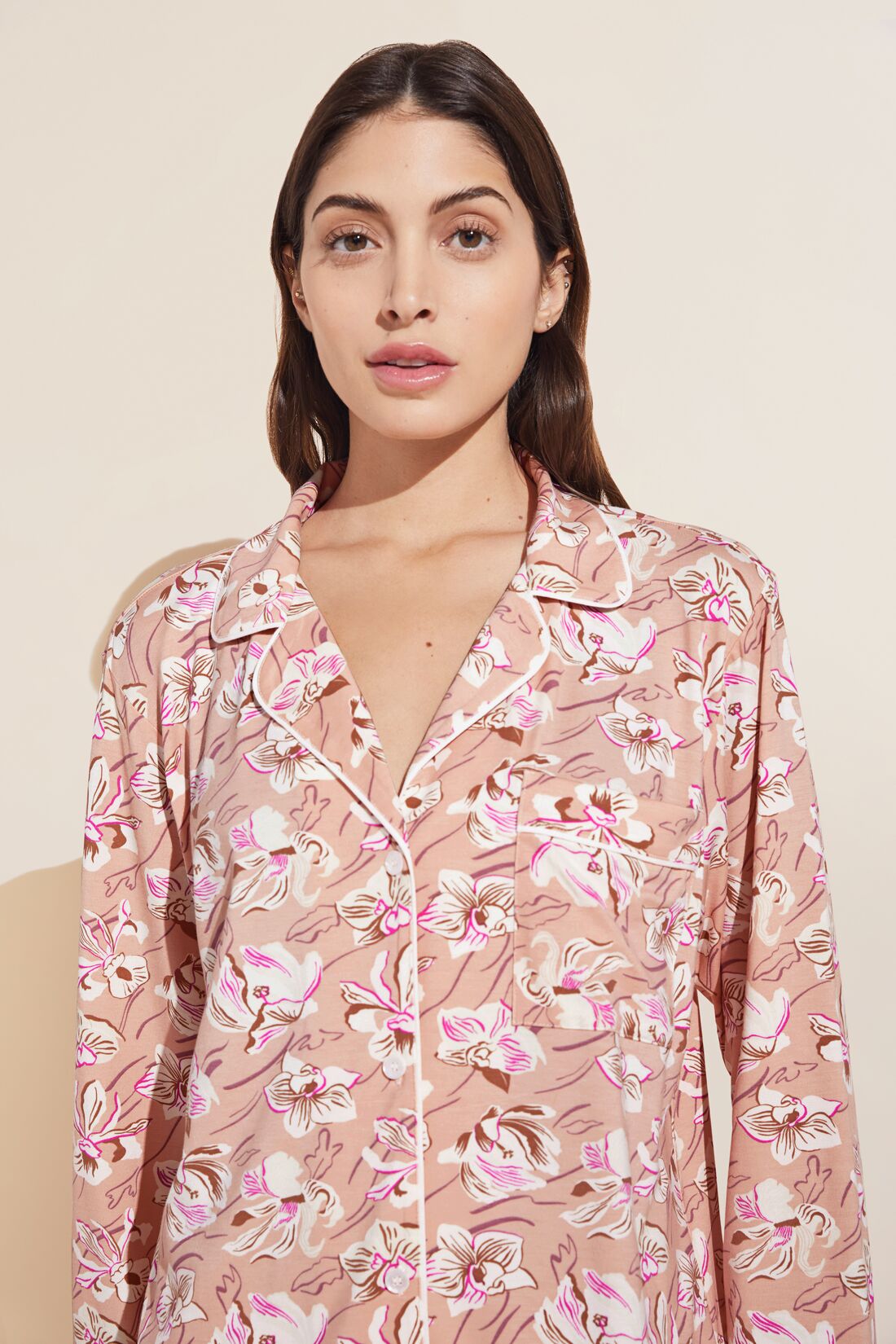 Model wears Gisele Printed TENCEL™ Modal Long PJ Set in fiore rose print.