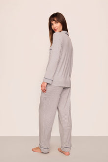 Model is wearing Gisele Printed TENCEL Modal Long PJ Set in Geo Sphere Gray Dawn