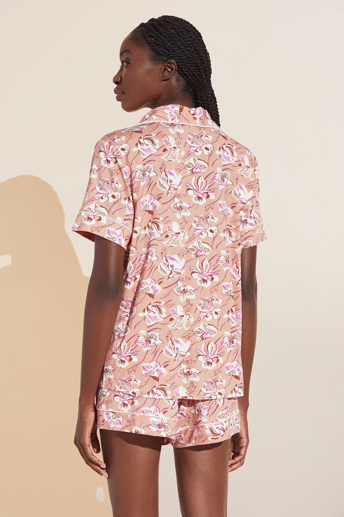 Model wears Gisele Printed TENCEL™ Modal Relaxed Short PJ Set in Fiore Rose Cloud print.