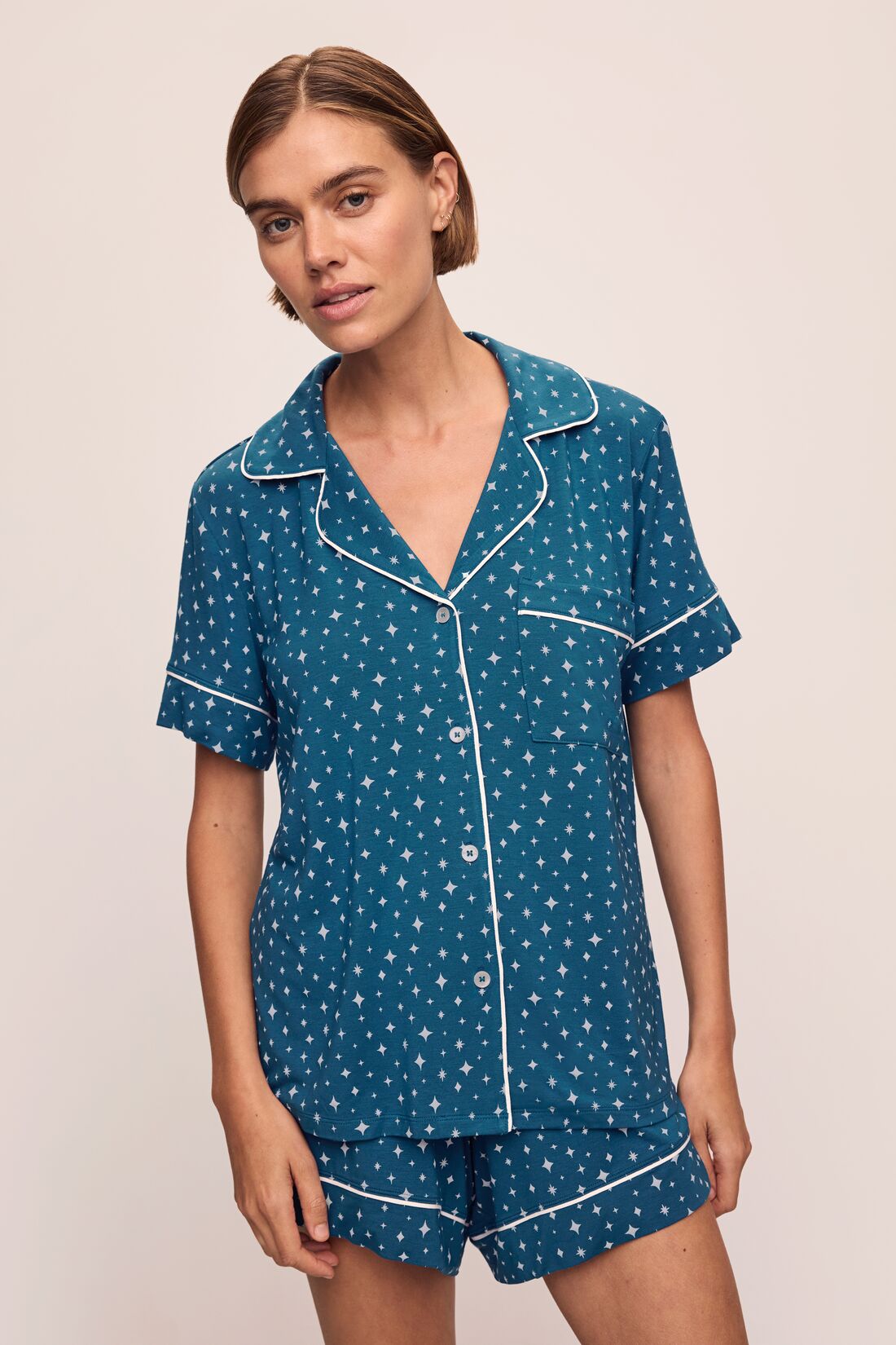 Gisele Printed TENCEL™ Modal Relaxed Short PJ Set | Festive Lights Sapphire/Ivory