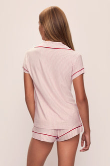 Model wears the Gisele Printed TENCELâ„¢ Modal Shortie Short PJ Set in Duo Stripe Haute Red/Haute Red.