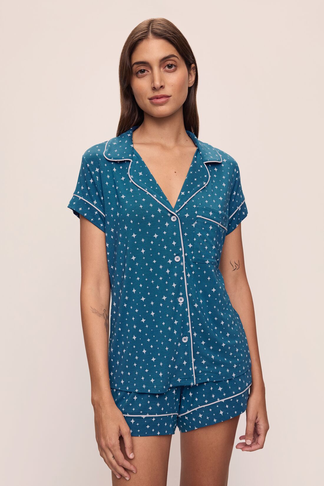 Gisele Printed TENCEL™ Modal Relaxed Short PJ Set | Festive Lights Sapphire/Ivory