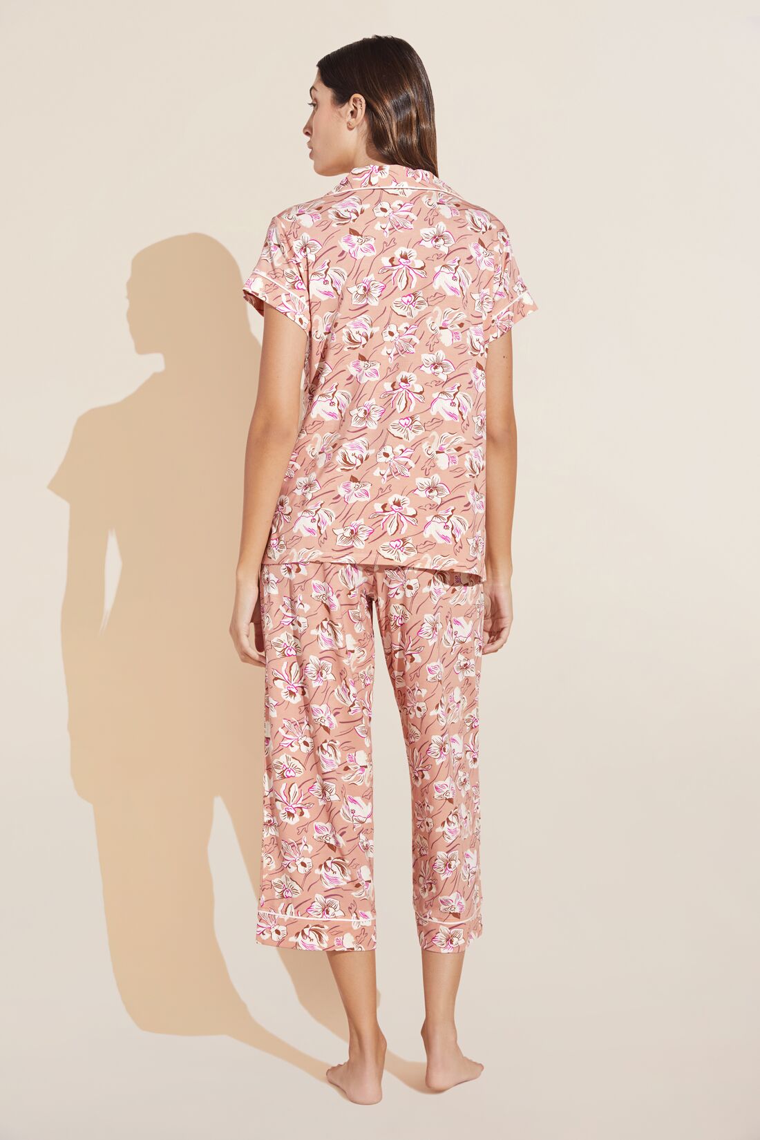 Model wears Gisele Printed TENCEL™ Modal Short Sleeve Cropped PJ Set in fiore rose cloud/ivory print.