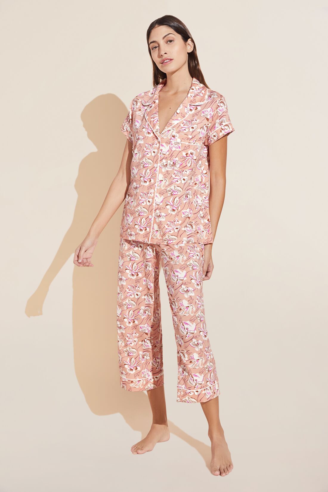 Model wears Gisele Printed TENCEL™ Modal Short Sleeve Cropped PJ Set in fiore rose cloud/ivory print.