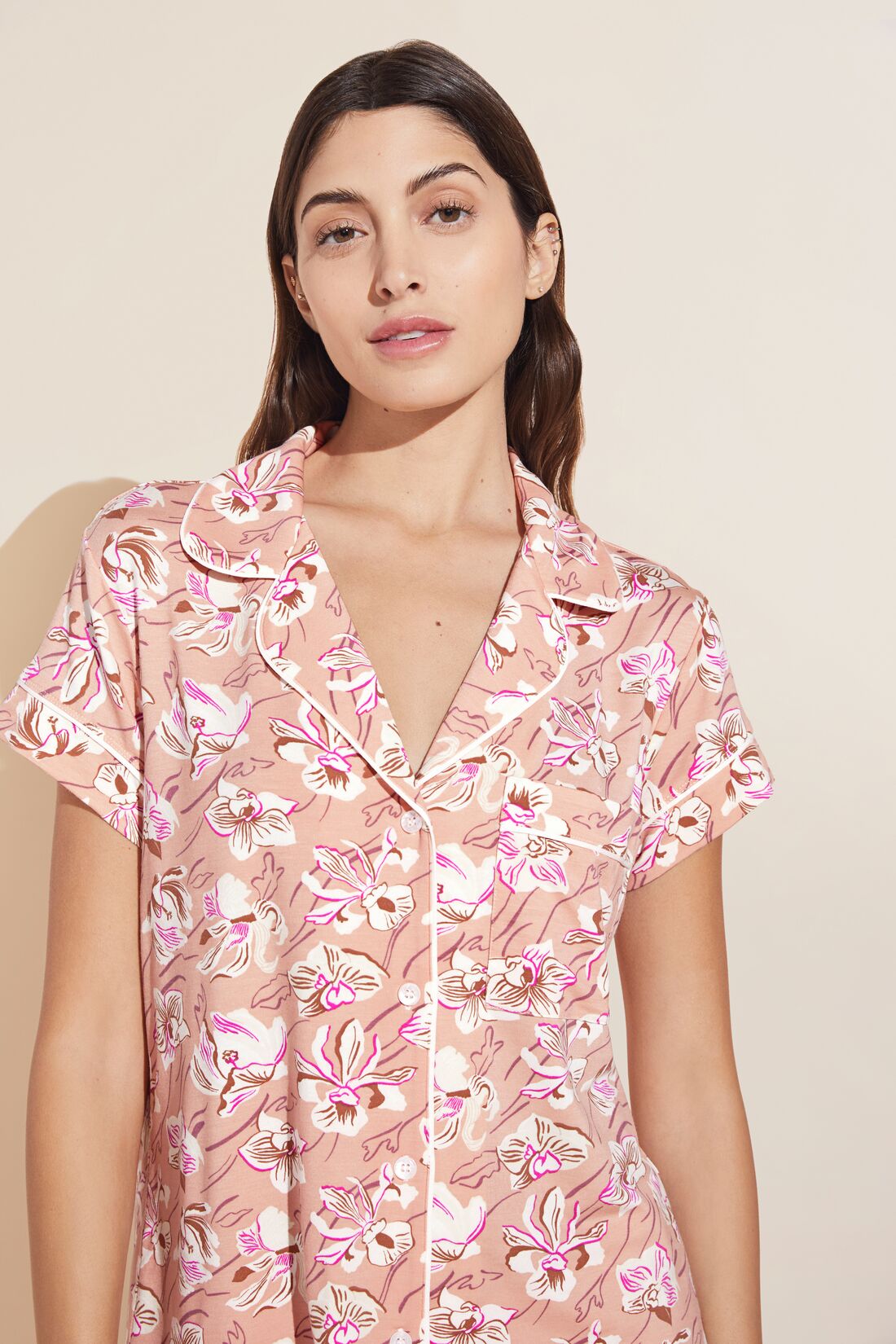 Model wears Gisele Printed TENCEL™ Modal Short Sleeve Cropped PJ Set in fiore rose cloud/ivory print.