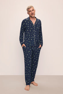 Model wears William Printed TENCELâ„¢ Modal Long PJ Set in Woodland Pine Navy/Ivory.