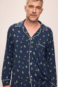 Model wears William Printed TENCELâ„¢ Modal Long PJ Set in Woodland Pine Navy/Ivory.